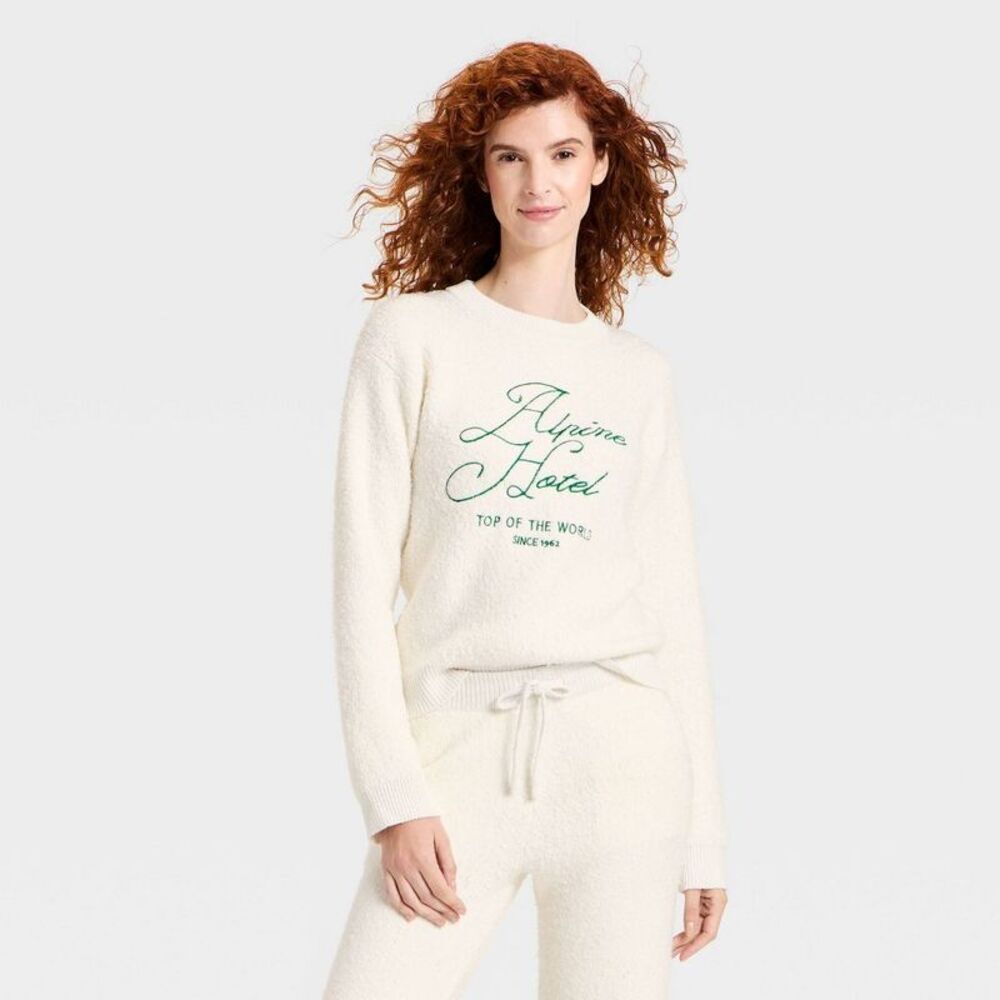 Women's Cozy Alpine Knit Bouclé Crewneck Pullover Sweater - Cream L